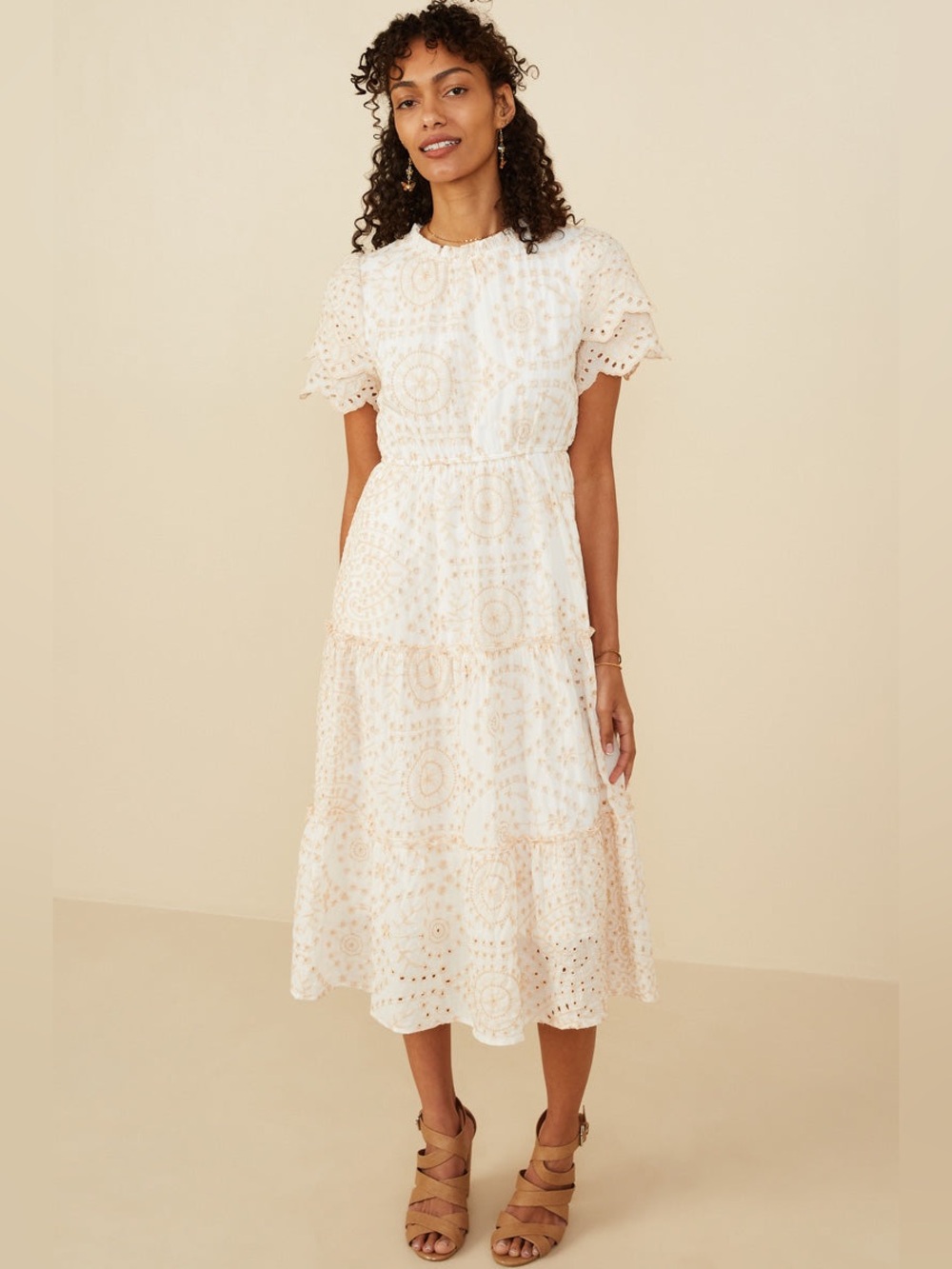 Hayden Cream Dress with Tan Embroidered Eyelet Accents